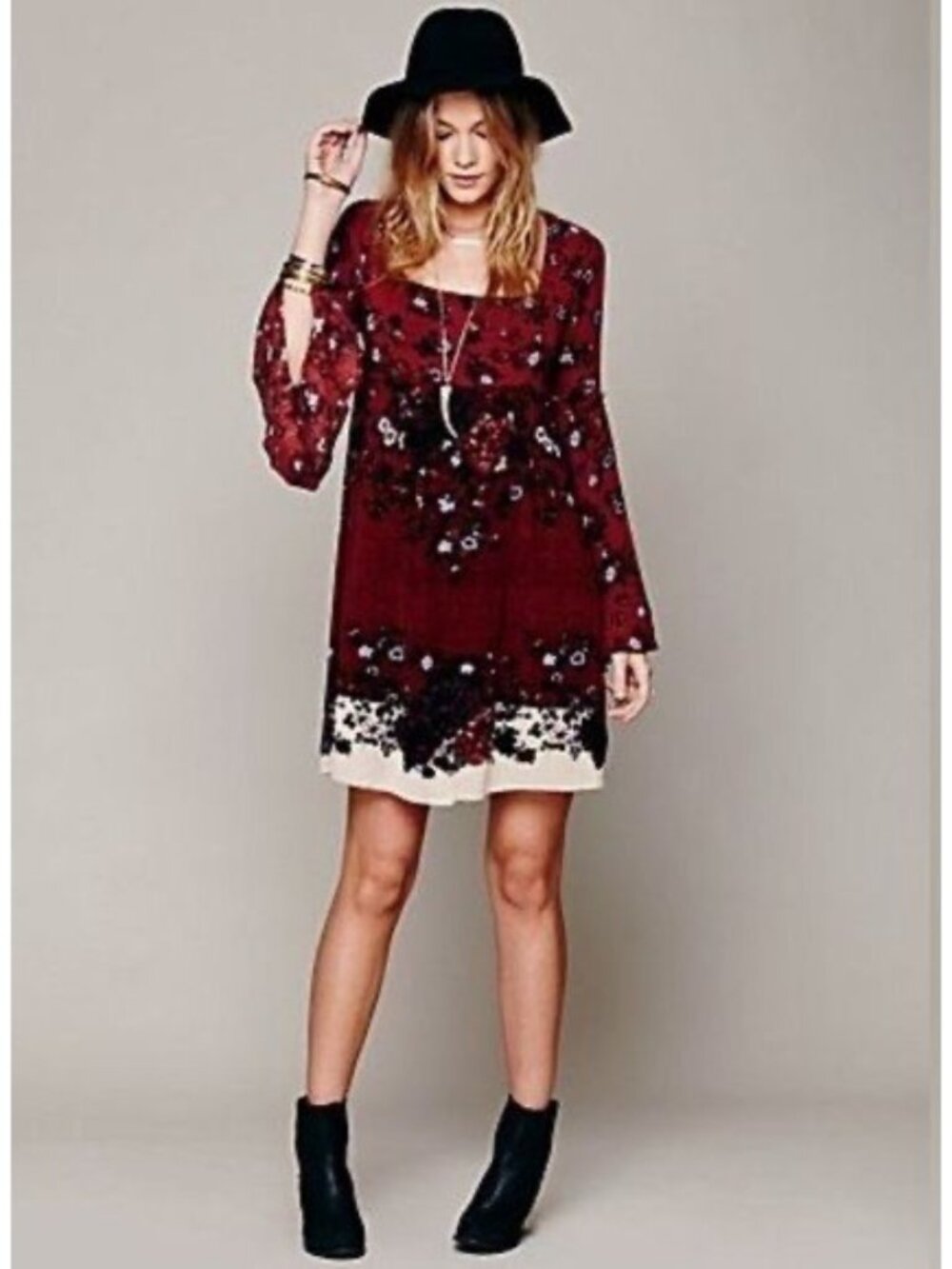 RARE Free People Floral Burgundy Bell Slv Mini Dress | Grunge Fairy Whimsigoth S